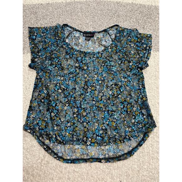 Y2k Self Esteem Mesh Top Women's Size Small Floral Short Sleeve Shirt Blue - Picture 1 of 7